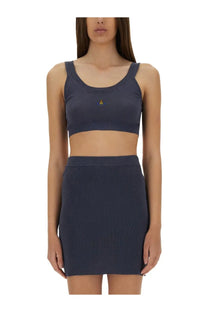 Navy blue ribbed knit two-piece set with cropped top featuring embroidered logo and high-waisted mini skirt by vivienne westwood