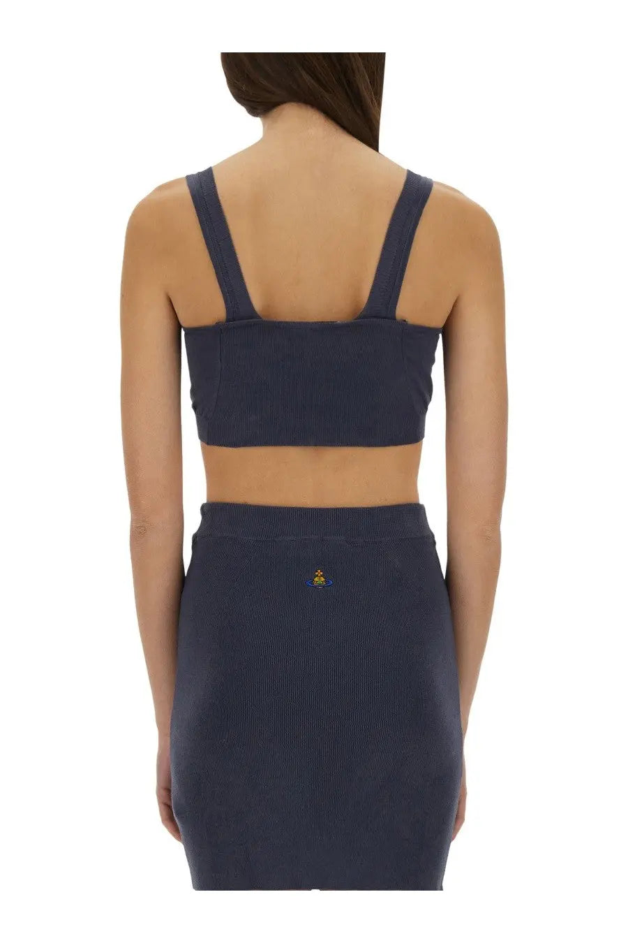 Navy blue ribbed knit two-piece set with thin shoulder straps and small embroidered logo on skirt by vivienne westwood