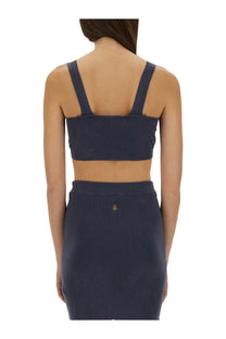 Navy blue ribbed knit two-piece set with thin shoulder straps and small embroidered logo on skirt by vivienne westwood