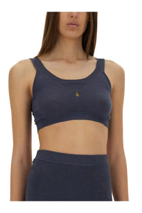 Navy blue ribbed knit crop top with small embroidered Vivienne Westwood logo on chest in women’s Bea Bra Purple style