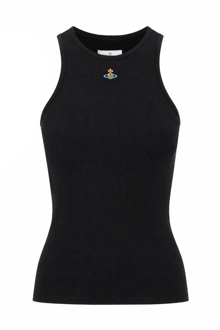 Vivienne westwood women’s black ribbed knit sleeveless top with small embroidered logo at neckline