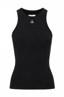 Vivienne westwood women’s black ribbed knit sleeveless top with small embroidered logo at neckline