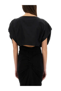 Vivienne westwood women’s black cropped top with puffed sleeves and back cutout detail shown from the back