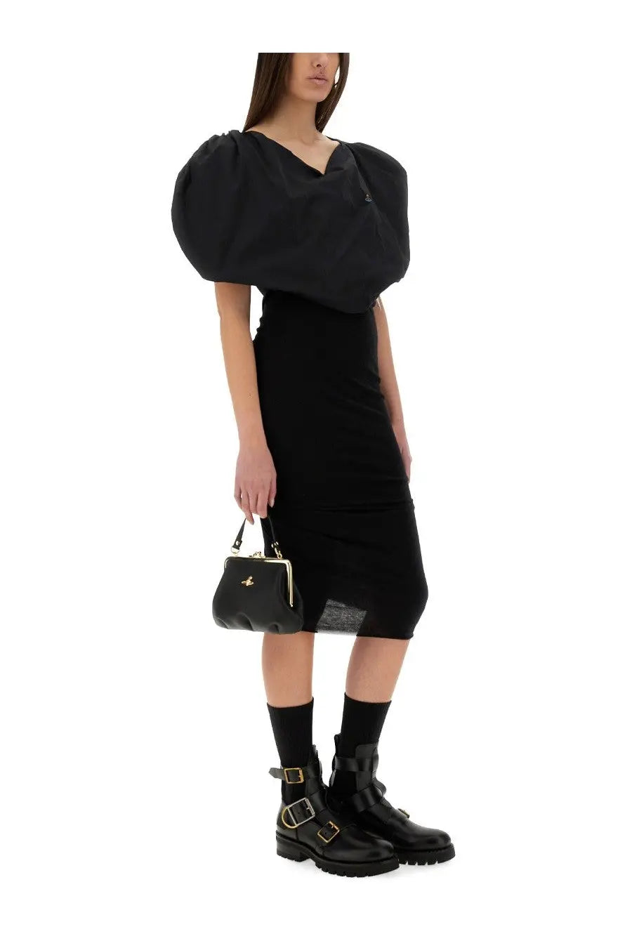 Vivienne Westwood women’s top heart black mini handbag in black leather with gold-tone hardware and small logo on front