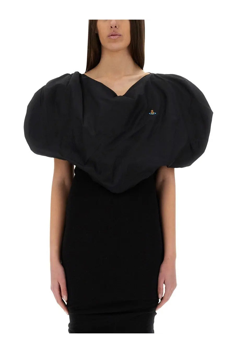 Black puff-sleeved vivienne westwood top with v-neckline and small embroidered logo on the chest