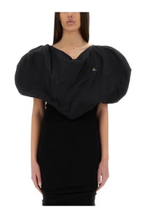 Black puff-sleeved vivienne westwood top with v-neckline and small embroidered logo on the chest