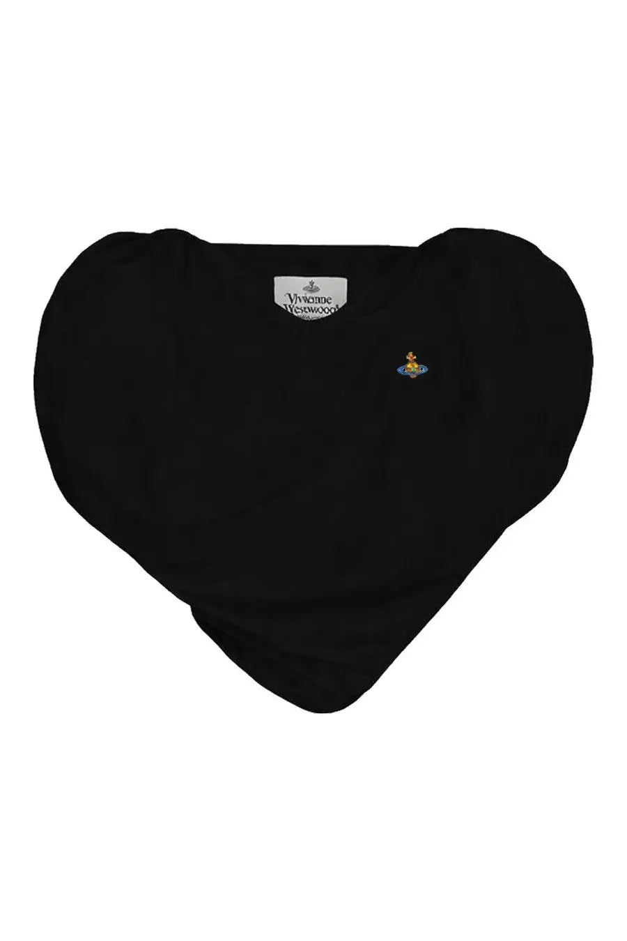 Vivienne Westwood women’s black heart-shaped knit sweater with small embroidered logo and brand tag at neckline
