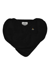 Vivienne Westwood women’s black heart-shaped knit sweater with small embroidered logo and brand tag at neckline