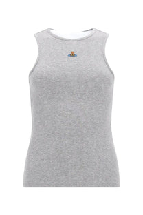 Gray ribbed knit sleeveless top with small embroidered Vivienne Westwood logo at center chest for women