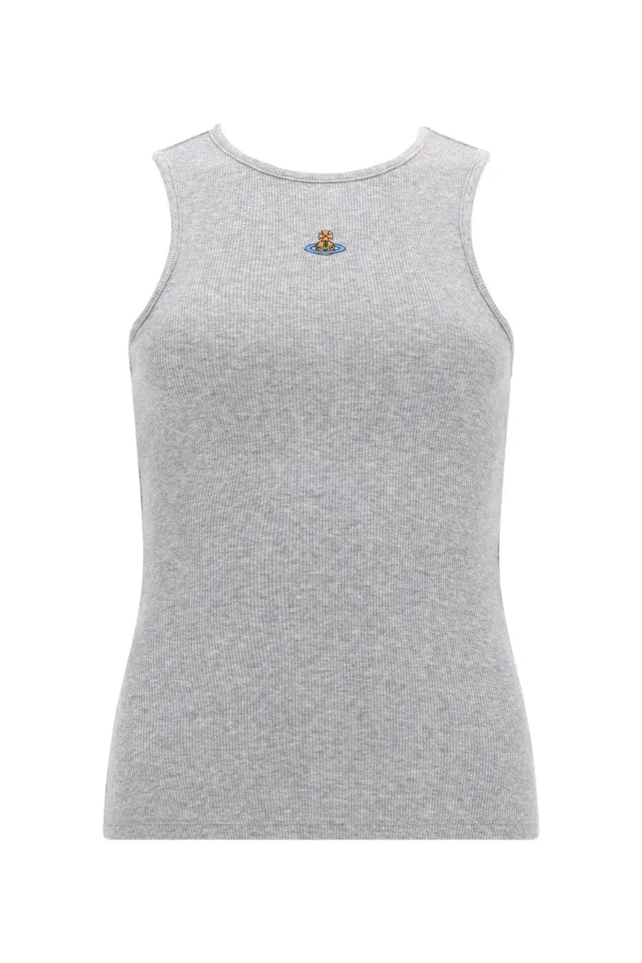 Vivienne Westwood women’s grey sleeveless top in ribbed knit with small embroidered logo at chest center