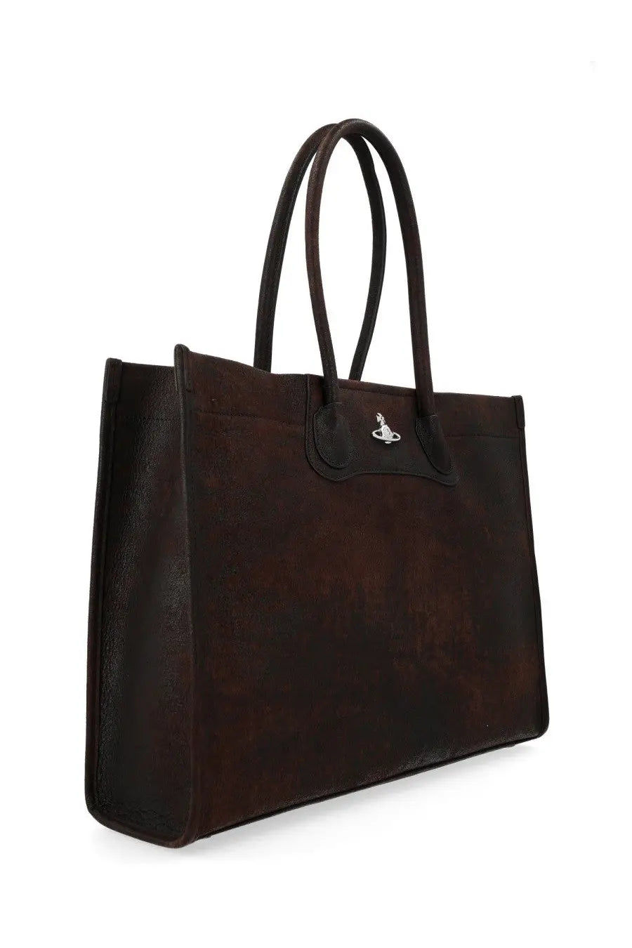Dark brown leather Vivienne Westwood women’s Troy tote bag with a silver logo plaque on the front