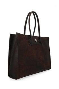 Dark brown leather Vivienne Westwood women’s Troy tote bag with a silver logo plaque on the front