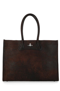 Dark brown suede vivienne westwood women’s troy tote bag with silver-toned orb logo clasp