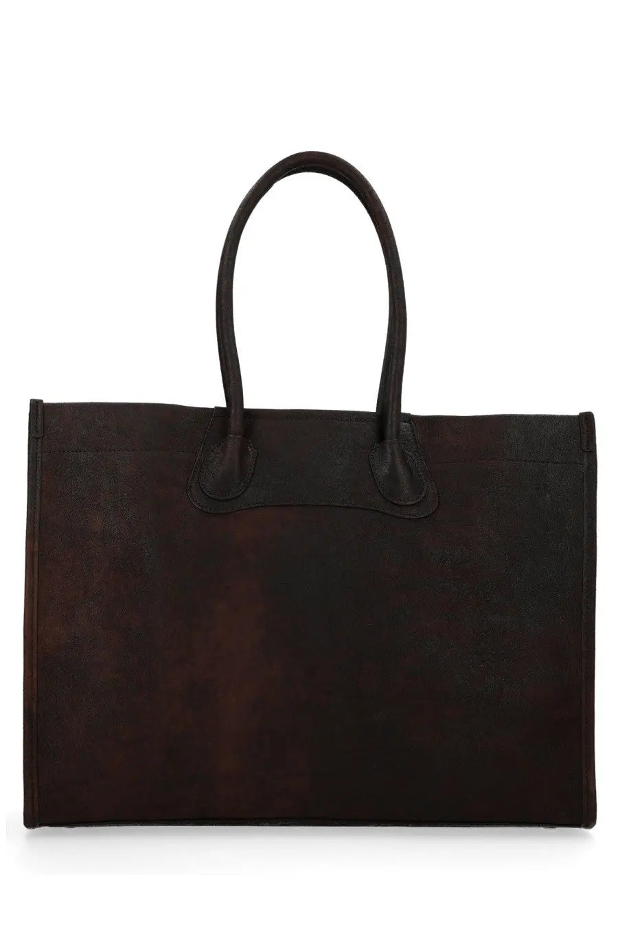 Vivienne Westwood women’s Troy tote bag in dark brown suede with rounded top handles and stitched detailing