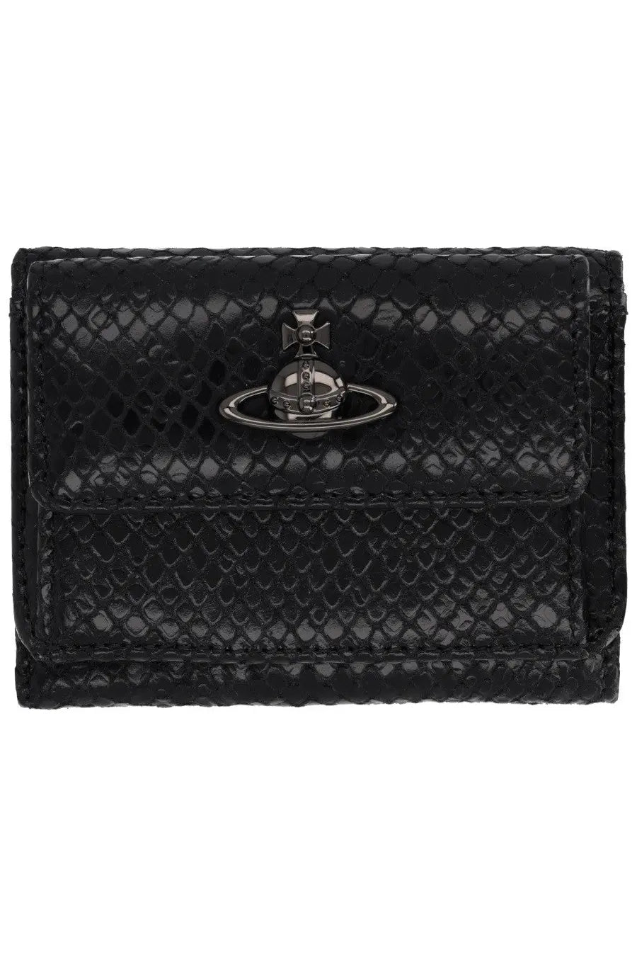 Vivienne Westwood women’s black snakeskin textured wallet with metallic orb logo clasp