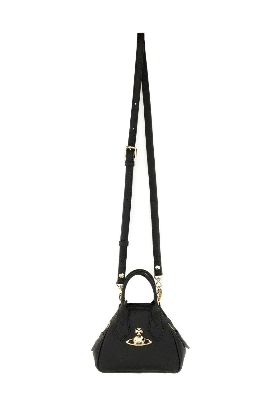 Vivienne Westwood women’s black leather yasmine mini bag with gold-tone hardware and distinctive cat logo on front
