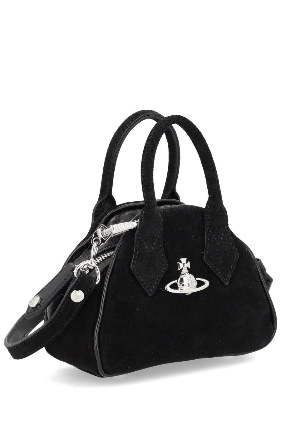 Black suede vivienne westwood yasmine mini bag with silver-tone orb logo and matching hardware