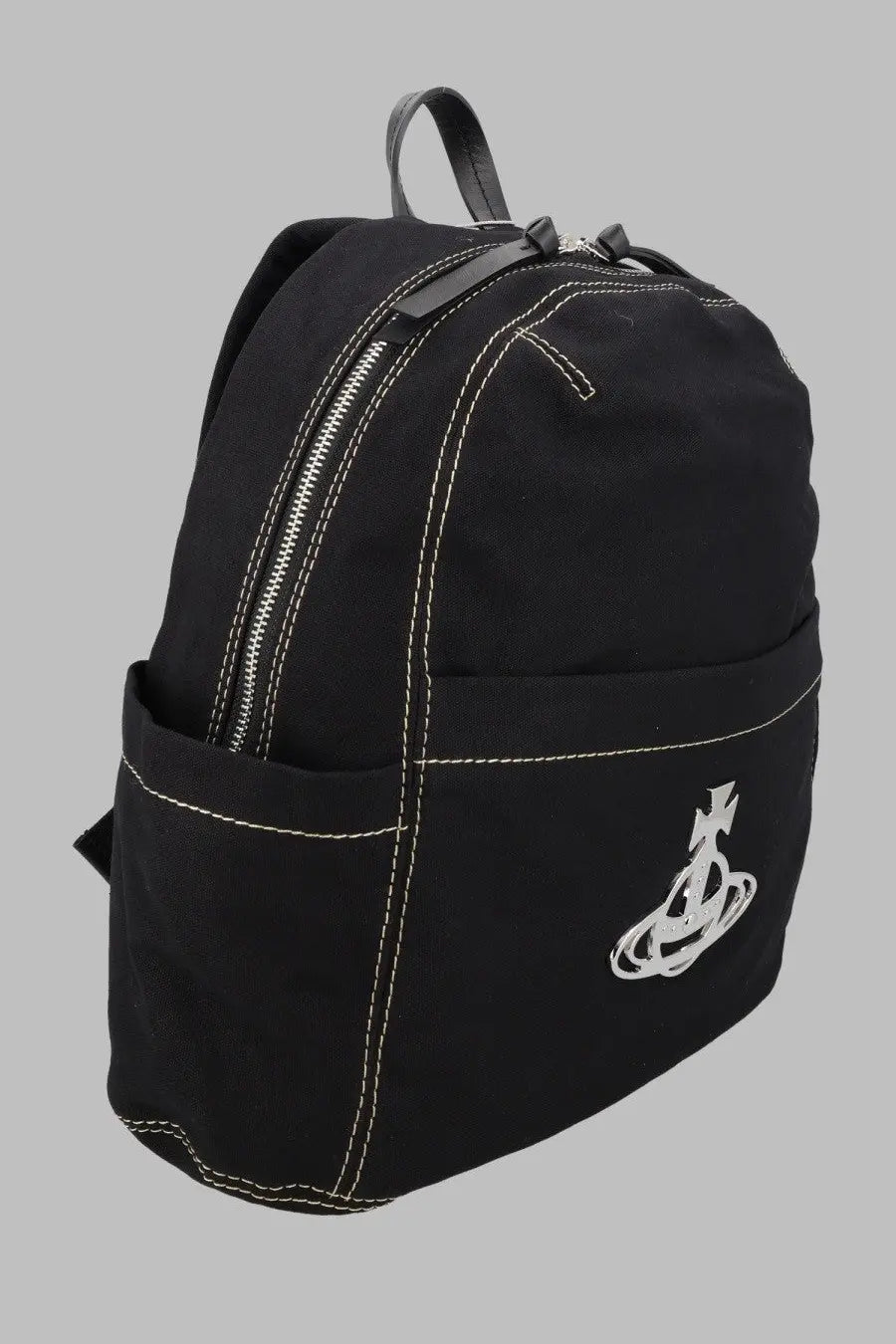 Vivienne Westwood women’s zaino George medium black canvas backpack with white stitching and silver logo patch