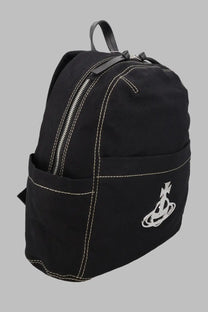 Vivienne Westwood women’s zaino George medium black canvas backpack with white stitching and silver logo patch
