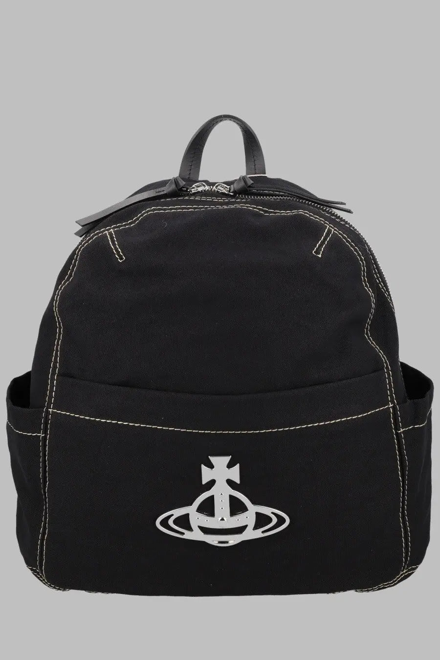 Vivienne Westwood women’s zaino george medium black canvas backpack with white stitching and silver orb logo on front