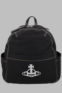 Vivienne Westwood women’s zaino george medium black canvas backpack with white stitching and silver orb logo on front