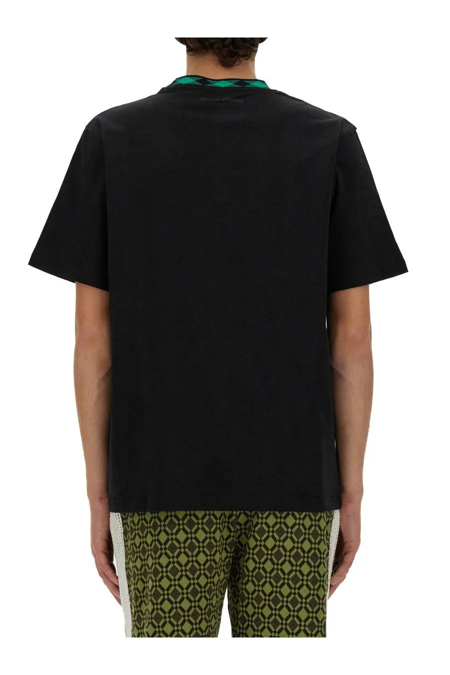 Wales Bonner men’s black cotton t-shirt with short sleeves green patterned collar and geometric hem design