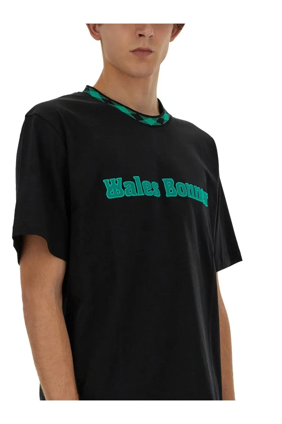 Wales Bonner men’s black cotton short-sleeved t-shirt with teal embroidered logo and matching patterned collar