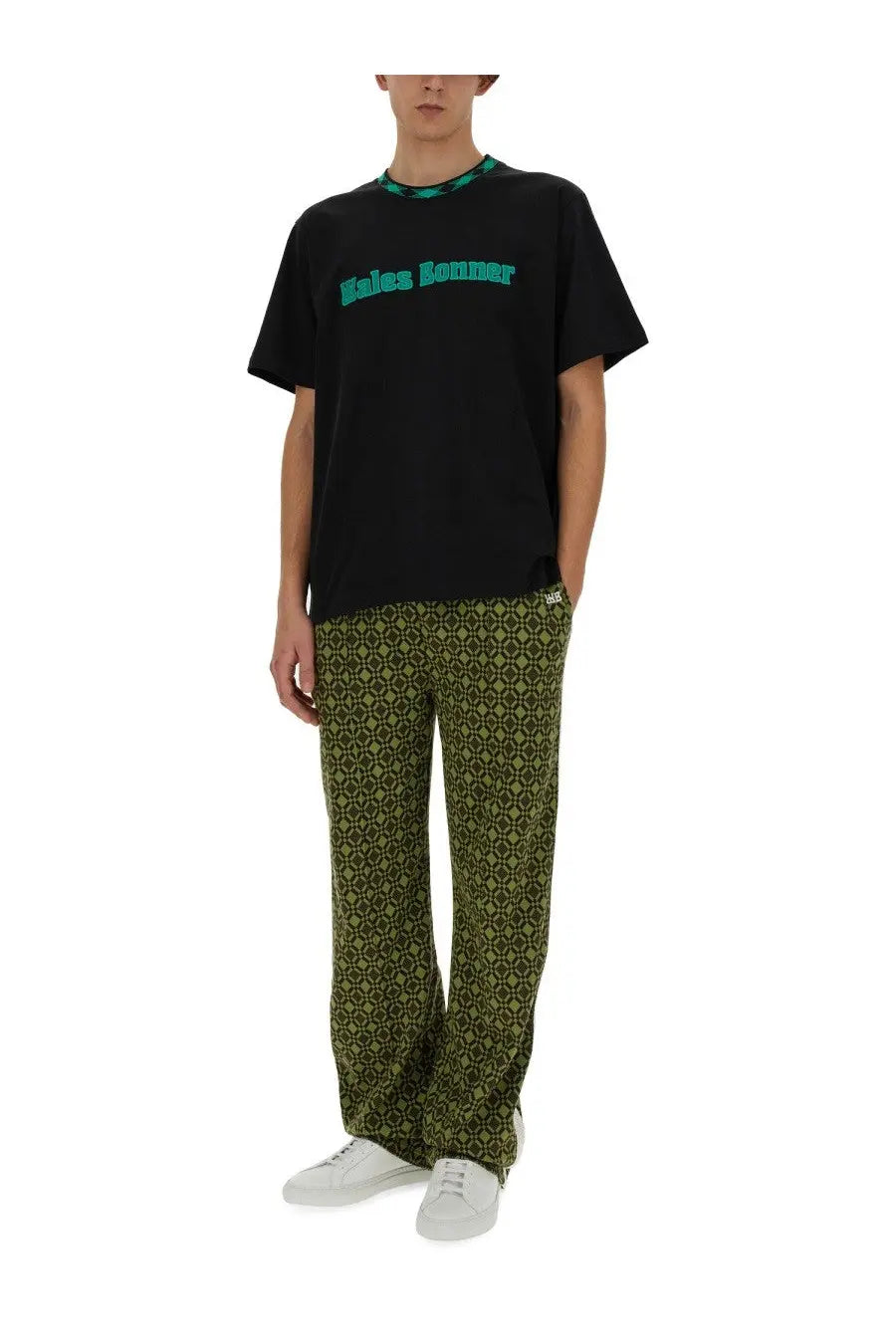 Wales Bonner men’s black cotton short-sleeved t-shirt with teal kales bonner lettering and patterned collar