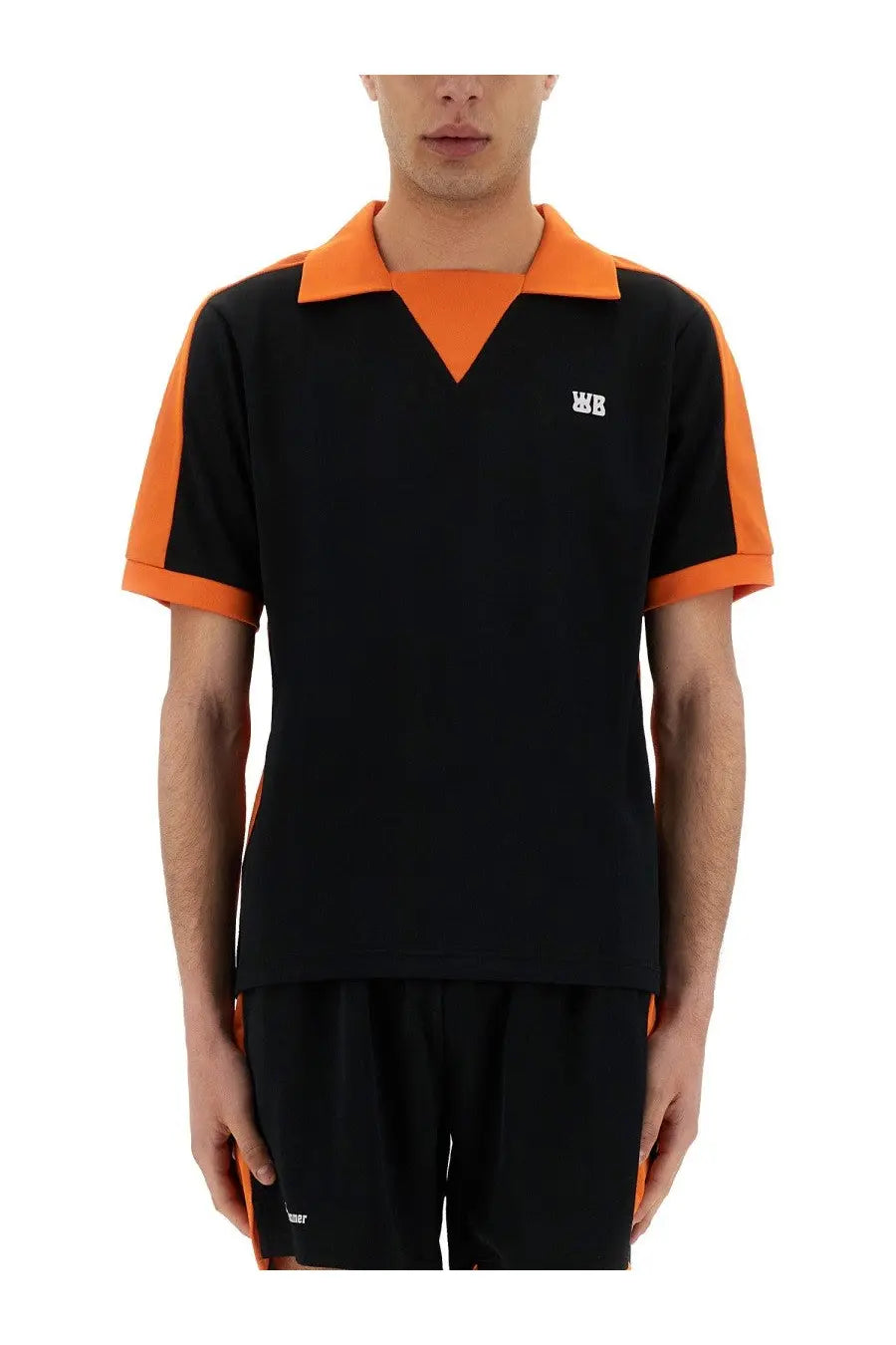 Wales Bonner men’s jersey polo black featuring black and orange color blocking on collar sleeves and side panels