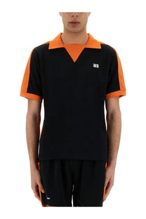 Wales Bonner men’s jersey polo black featuring black and orange color blocking on collar sleeves and side panels