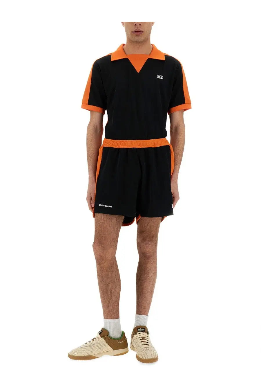 Wales Bonner men’s black jersey polo shirt with orange contrasting trim and short sleeves
