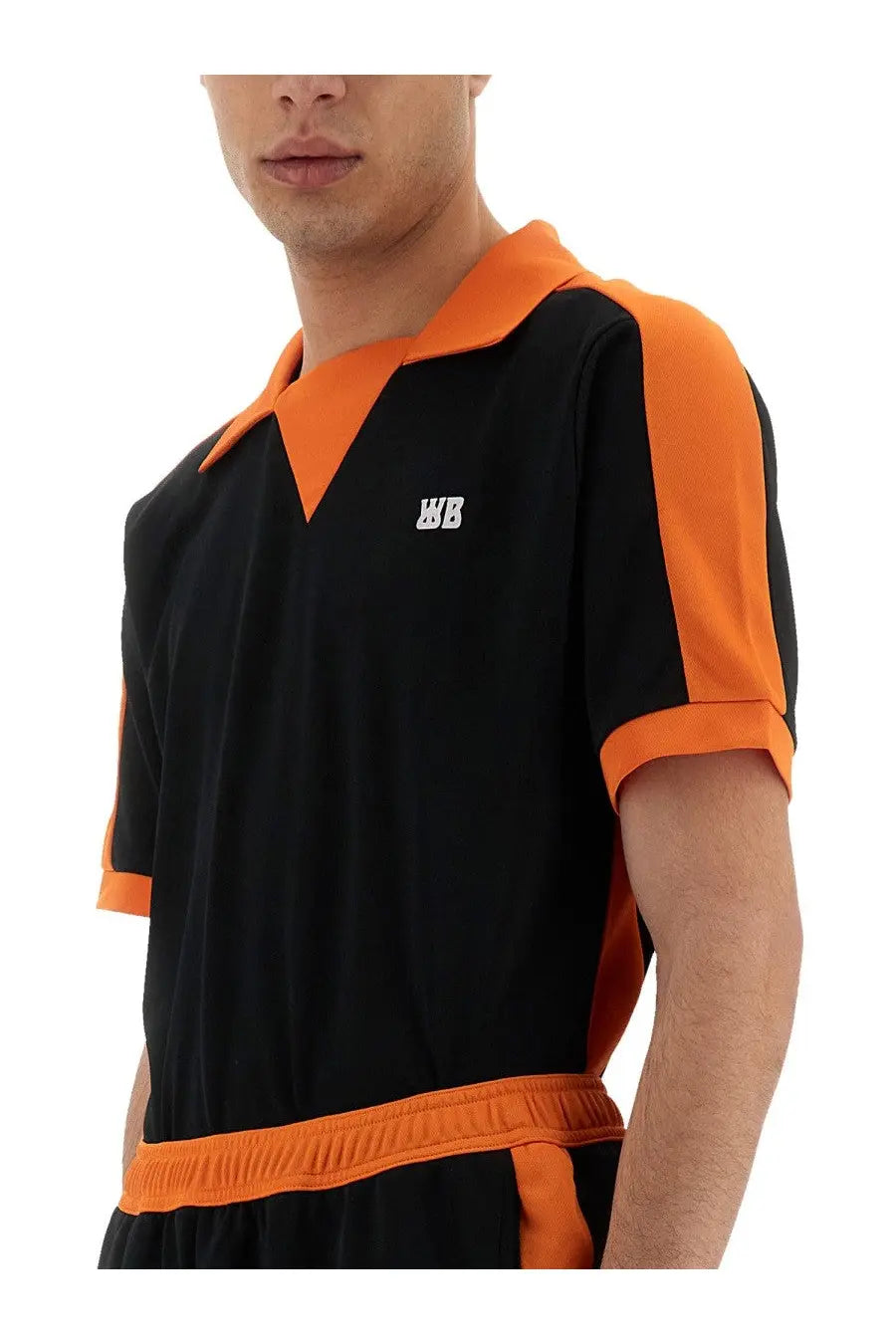 Wales Bonner men’s black and orange short-sleeved jersey polo with contrasting collar cuffs and waistband