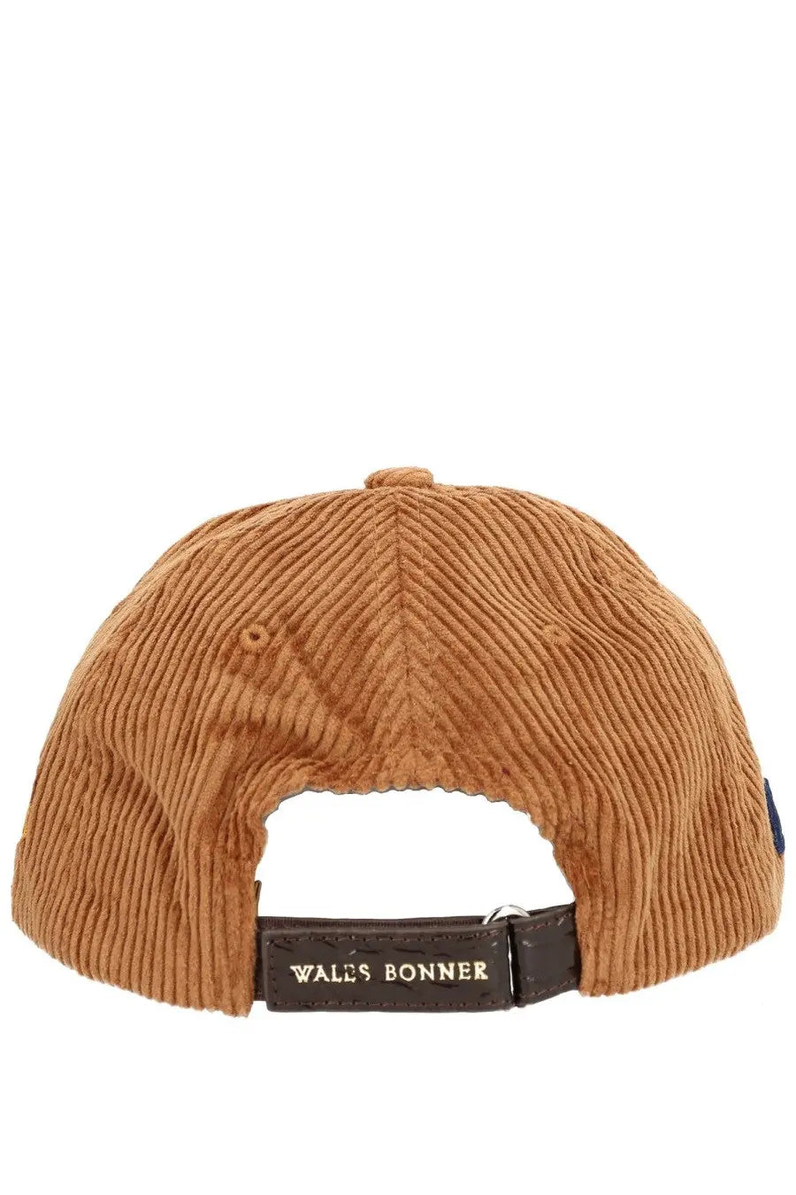 Tan corduroy wales bonner unisex grace baseball cap with brown leather strap shown from the back side