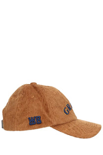 Tan corduroy baseball cap with navy blue embroidered logo and lettering from wales bonner unisex grace collection