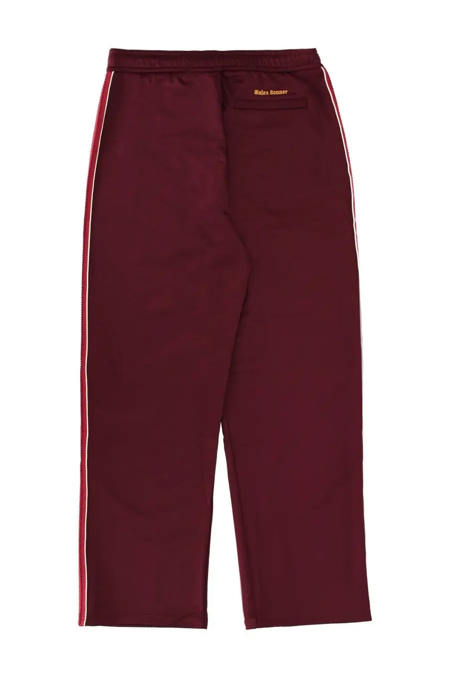 Maroon wales bonner unisex jogger pants with red and white striped side panels for casual wear