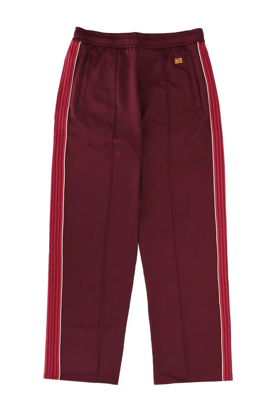 Wales bonner unisex jogger pants in maroon with red and white striped side panels for casual wear