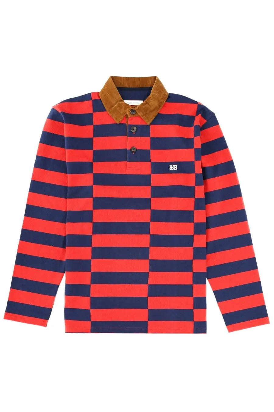 A wales bonner unisex polo city multicolor long-sleeved polo shirt with red and navy stripes and a brown collar
