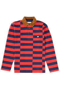 A wales bonner unisex polo city multicolor long-sleeved polo shirt with red and navy stripes and a brown collar