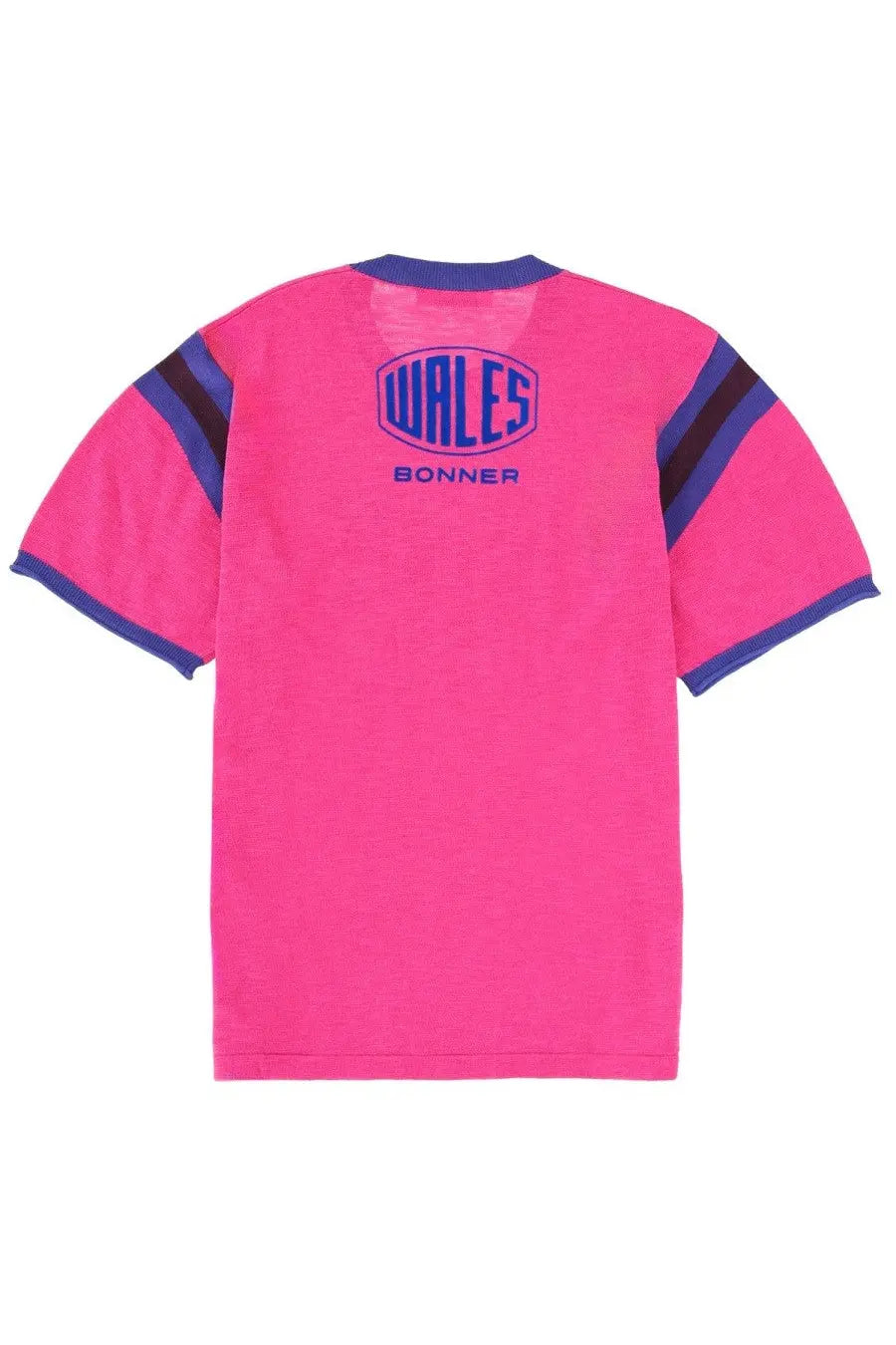 Bright pink wales bonner unisex short-sleeved shirt with navy blue collar, cuffs, shoulders trim, and logo detailing