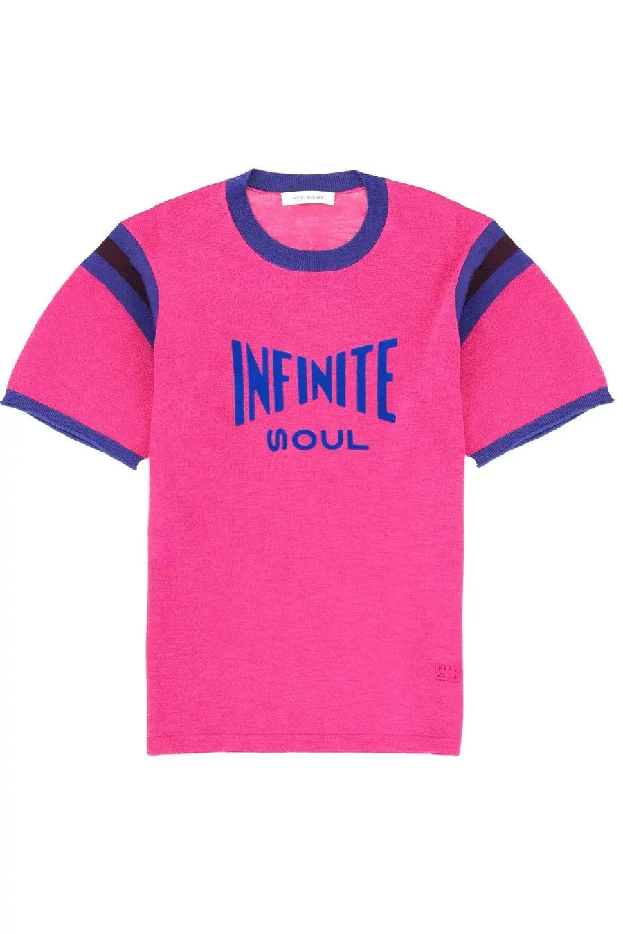 Wales bonner unisex shirt soul pink is a vibrant pink short-sleeved t-shirt with bold blue lettering and navy trim details