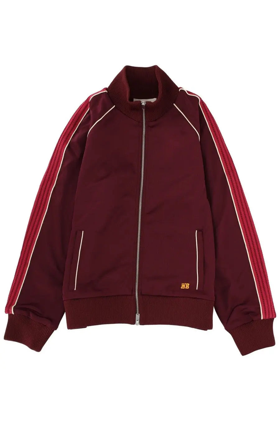 Wales Bonner unisex sports sweatshirt red maroon track jacket with red and white striped sleeves ribbed cuffs and hem