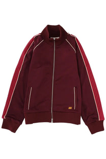 Wales Bonner unisex sports sweatshirt red maroon track jacket with red and white striped sleeves ribbed cuffs and hem