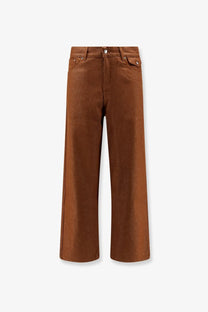 Brown wide-leg denim pants with classic five-pocket design and silver-toned hardware from walk in paris