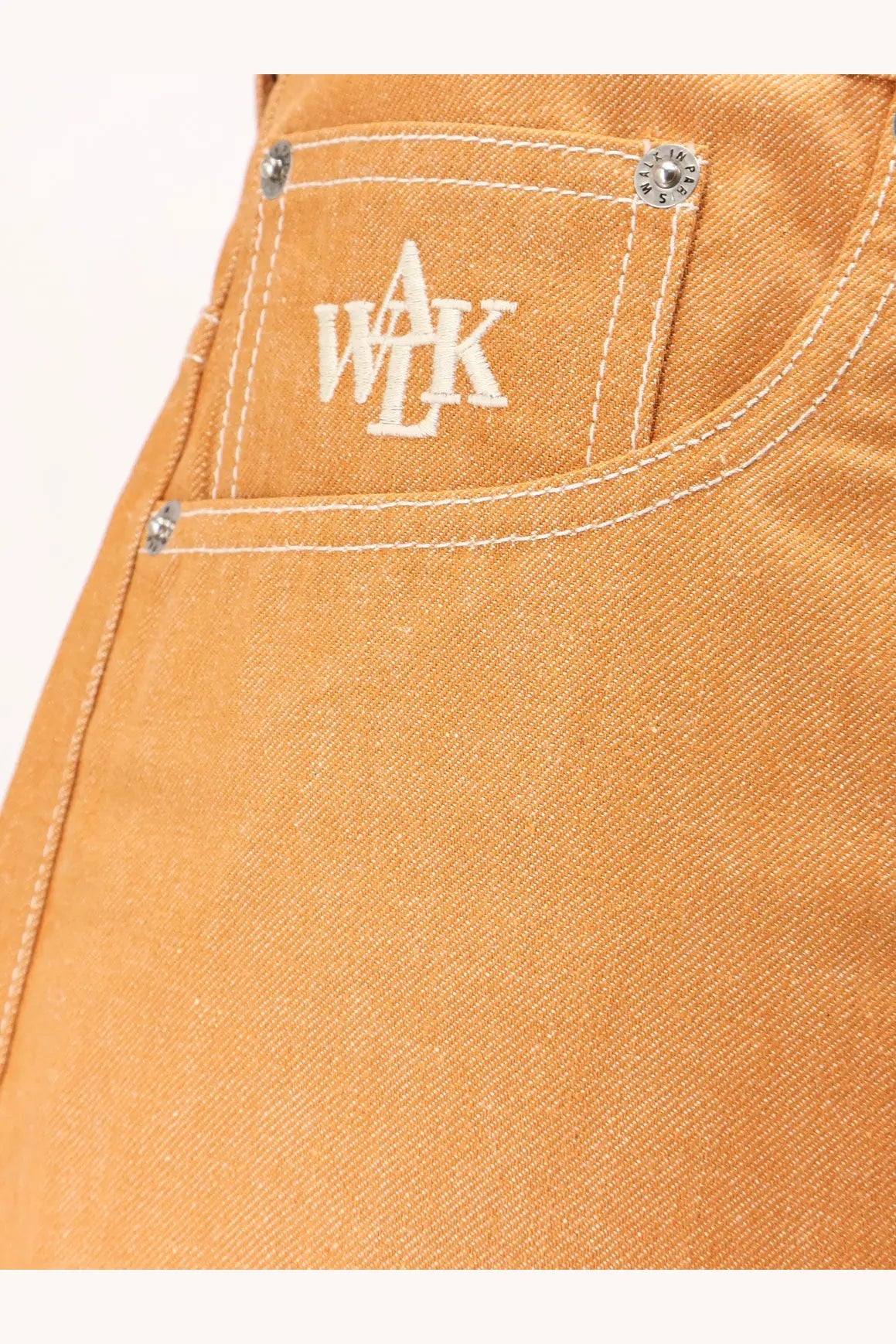 Walk in paris men’s baggy orange denim shorts pocket with white embroidered wak logo and silver rivets on back side