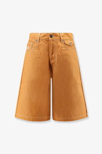 Tan denim shorts with five-pocket design and subtle white stitching in walk in paris mens baggy orange denim shorts orange