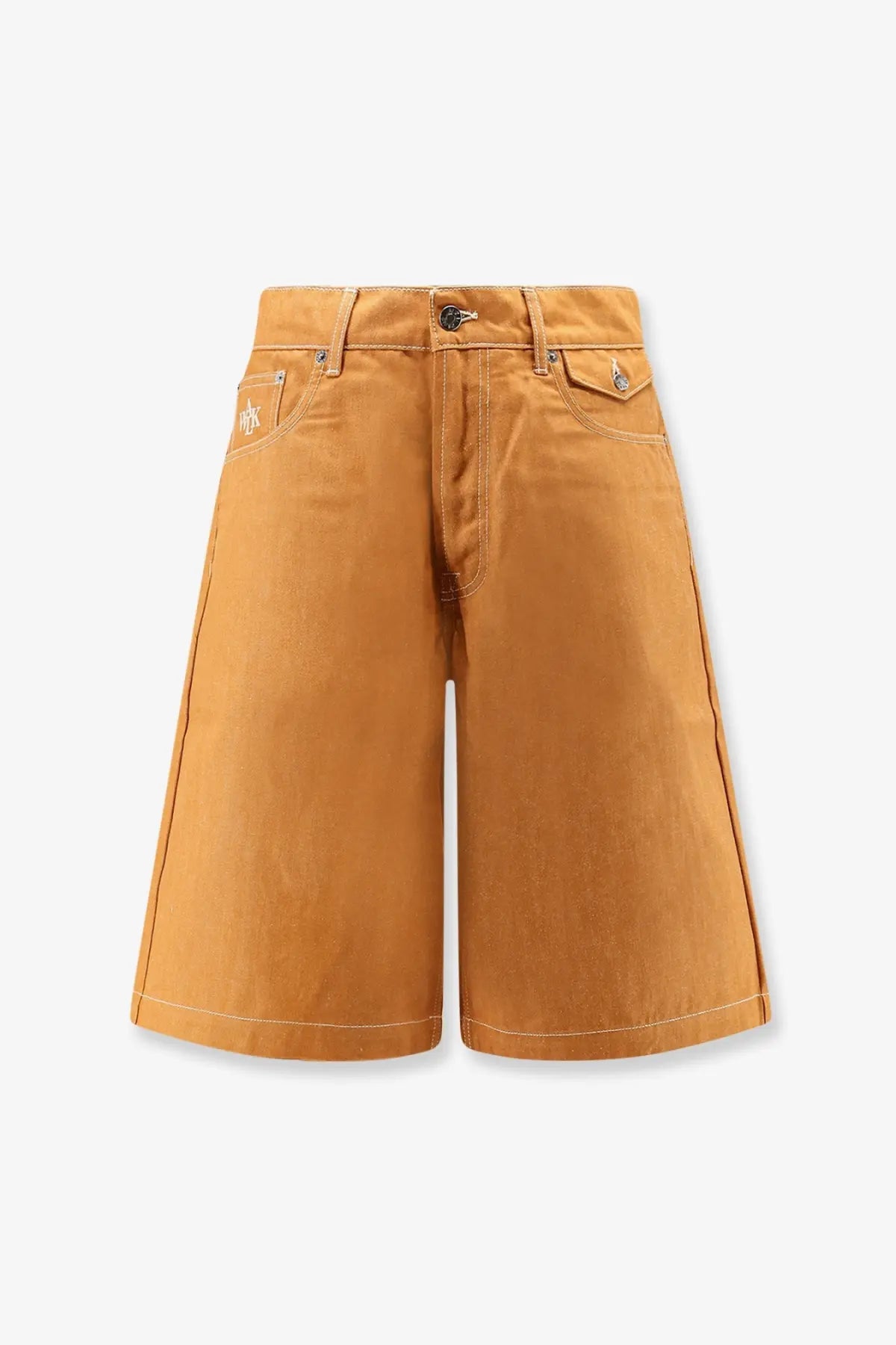 Tan denim shorts with classic five-pocket design and subtle white stitching from walk in paris men’s baggy orange denim shorts