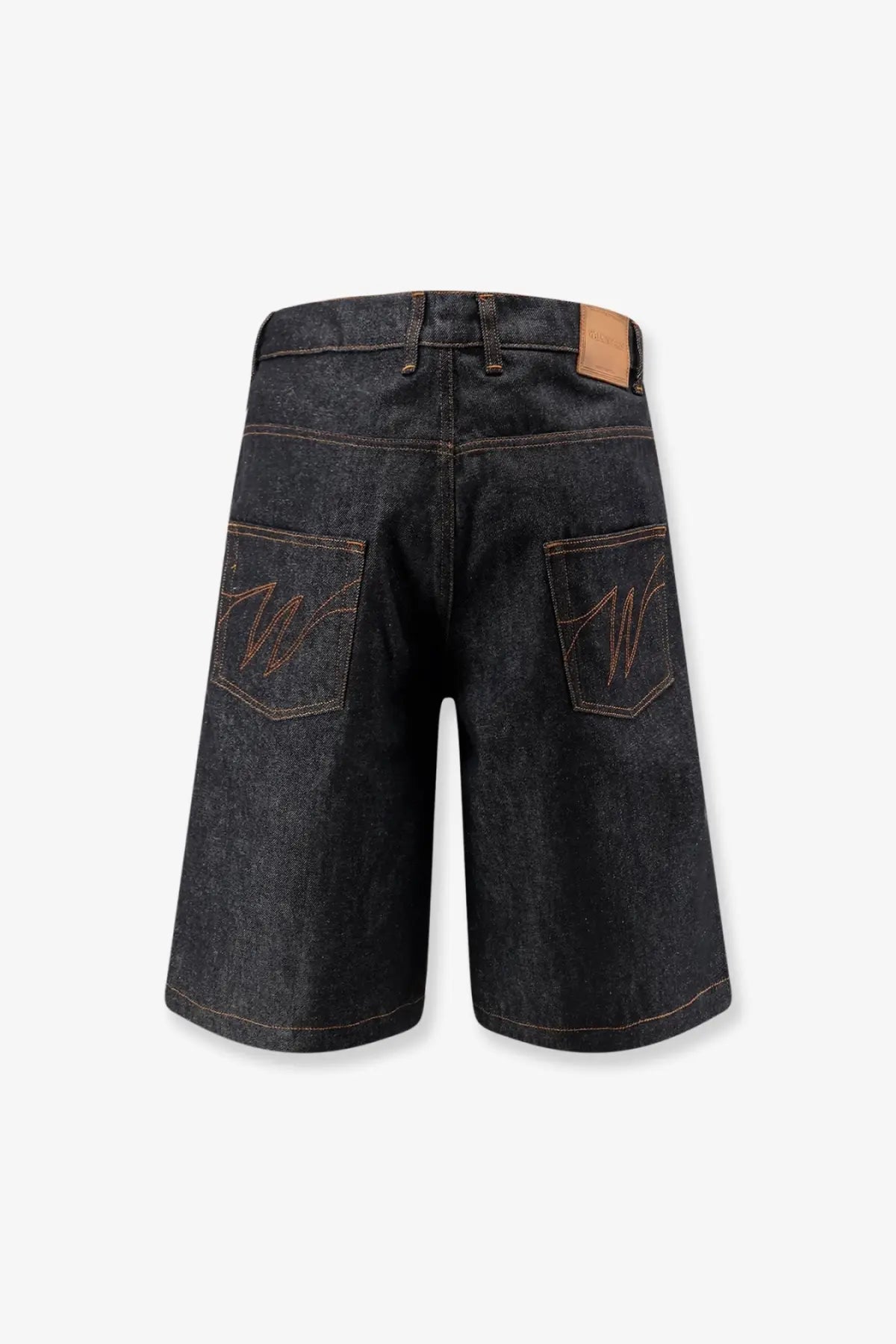 Back side of walk in paris men’s baggy raw denim shorts in dark blue with embroidered w logo on each pocket