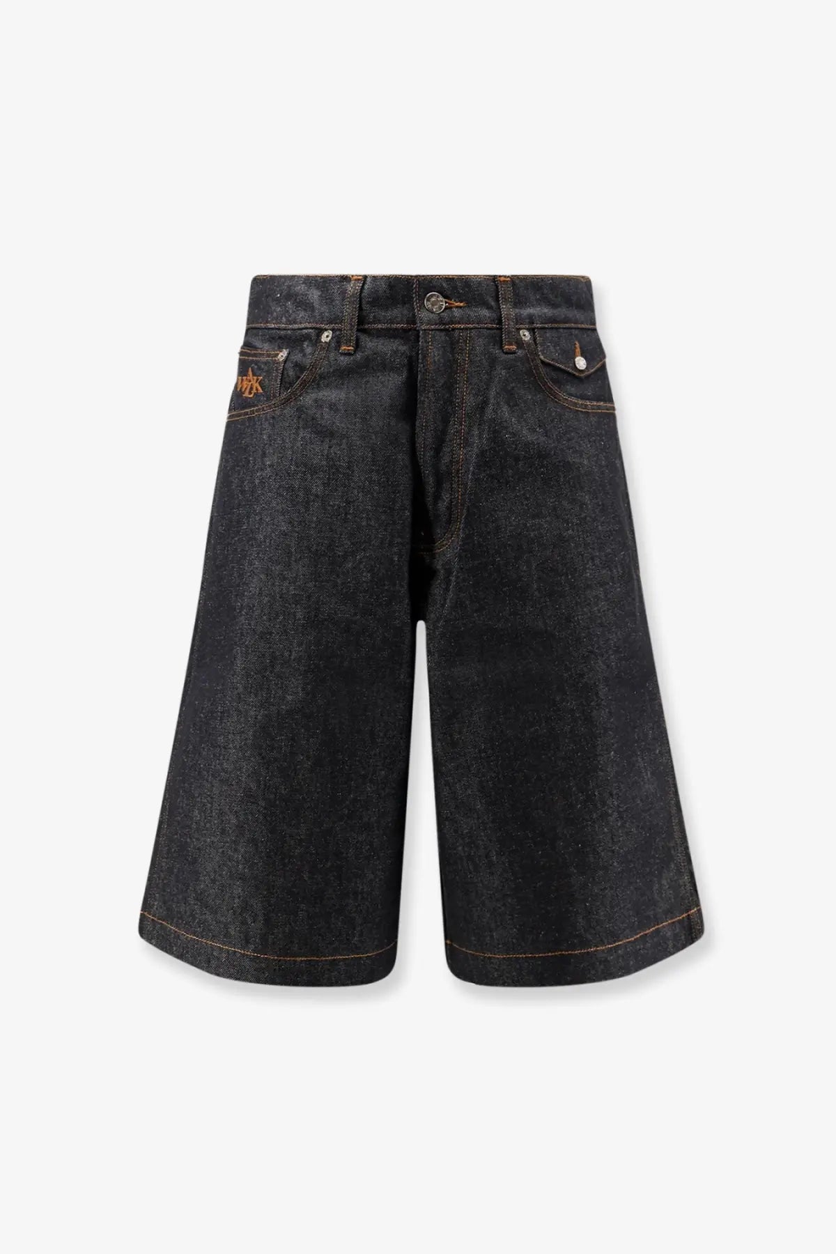 Walk in paris men’s baggy raw denim shorts in dark-wash cotton with relaxed wide-leg cut and subtle orange stitching