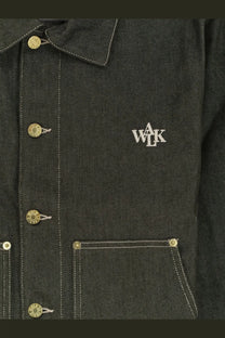 Dark green denim jacket with gold-tone buttons and white embroidered walk logo on the chest by Walk In Paris