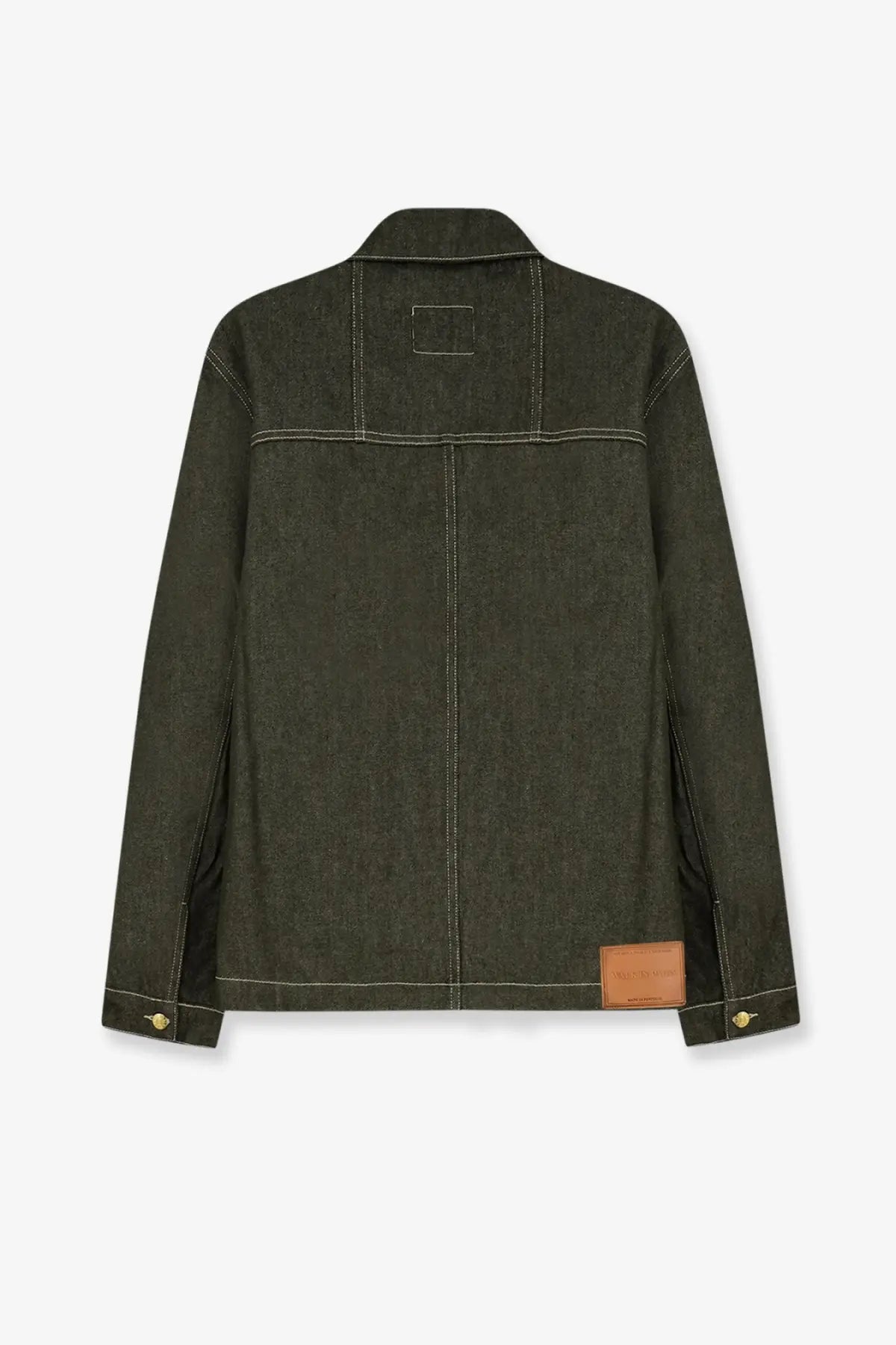 Walk in paris men’s carpenters green denim jacket in dark olive green with white stitching and tan leather patch at hem